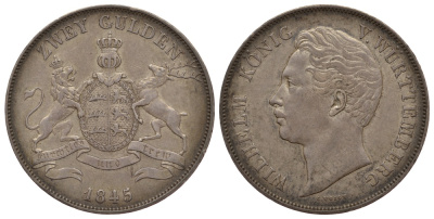 Вюртемберг 2 гульдена 1845 Вильгельм I (1816-1864) KM 595 серебро 00-000-00