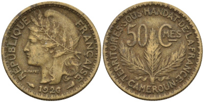 Камерун 50 сантимов 1926 (a), мондвор Париж KM 1 алюминиевая бронза 4169-1126