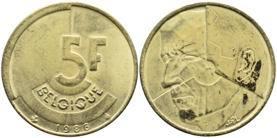 БЕЛЬГИЯ 5 ФРАНКОВ 1986 BELGIQUE KM 163 латунь или алюминевая бронза 4384-1022