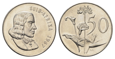 ЮАР 50 центов 1967 редкий год, Ян ван Рибек (1619-1677), Suid Africa, легенда на африкаанс, Зантедеския Эллиота (калла) KM 70.2 никель BU 4693-326