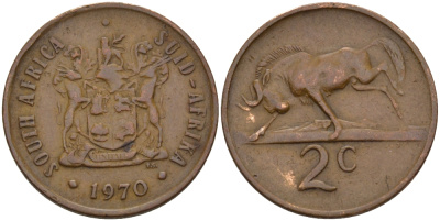 ЮАР 2 цента 1970 герб, антилопа гну KM 83 бронза 67-327