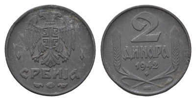 Сербия 2 динара 1942 год-тип KM 32 цинк 4364-1934