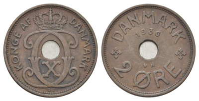 Дания 2 эре 1936 N, Кристиан X (1912-1947) KM 827 бронза 4701-834
