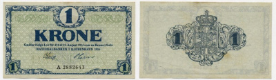 Дания 1 крона 1916 серия А Pick 12 b бумага aUNC 7484-10-2-2
