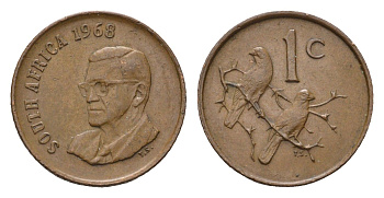 ЮАР 1 цент 1968 Окончание президентства Чарльза Сварта, South Africa, легенда на английском KM 74.1 бронза 4690-1128