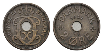 Дания 2 эре 1927 N, Кристиан X (1912-1947) KM 827 бронза 4658-1263