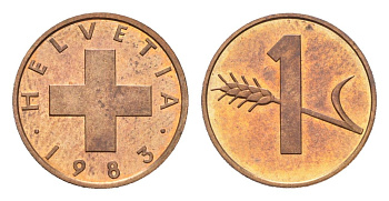 Швейцария 1 раппен 1983 KM 46 бронза UNC 4708-267