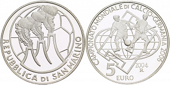 Сан-Марино 5 евро 2004 R, чемпионат мира по футболу в Германии 2006 KM 462 серебро PROOF 1087-3-61