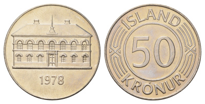 Исландия 50 крон 1978 здание парламента в Рейкьявике KM 19 медно-никель UNC 4517-921