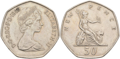 Великобритания 50 пенсов 1969 Елизавета II (1952-2022) KM 913, Spink 4223 (H1) медно-никель 4117-626
