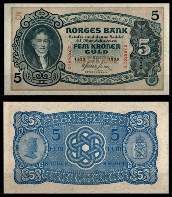 Норвегия 5 крон 1939 Вильгельм Фриман Корен Кристи (1-й председатель норвежского парламента) Pick 7 c бумага aUNC 451-1226-3