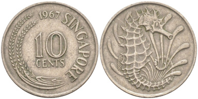 Сингапур 10 центов 1967 морской конек KM 3 медно-никель 187-455