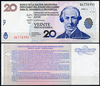 Аргентина, Banco de la Nacion Argentina 20 песо 2006 Хуан Баутиста Альберди Pick S NL (2)  бумага  UNC (пресс) 7196-25-3