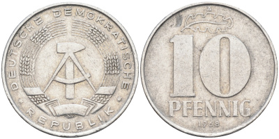 ГДР 10 пфеннигов 1968 А KM 10 алюминий 4589-117