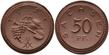 Саксония 50 пфеннигов 1921 виноград и лопата J. N 54 фарфор 1094-2-54