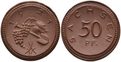 Саксония 50 пфеннигов 1921 виноград и лопата J. N 54 фарфор 1094-2-54