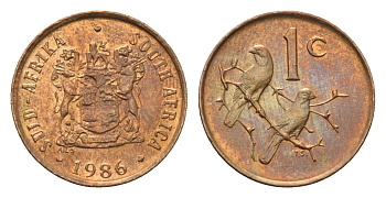 ЮАР 1 цент 1986 герб, капские воробьи KM 82 бронза UNC 4690-1243