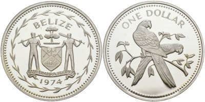 Белиз 1 доллар 1974 ПОПУГАЙ АРА KM 43 медно-никель PROOF 00-00