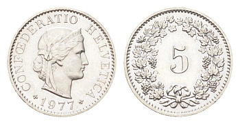 Швейцария 5 раппенов 1977 KM 26 медно-никель UNC 4705-1266
