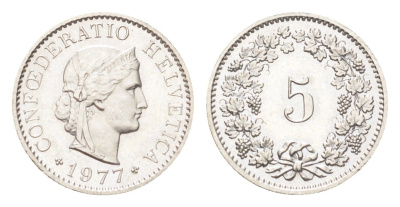 Швейцария 5 раппенов 1977 KM 26 медно-никель UNC 4705-1266