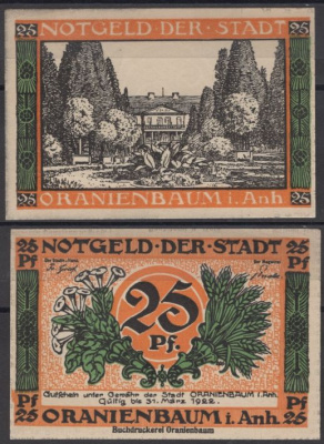 Ораниенбаум 25 пфеннигов 1921 Mehl Grabowski 1024.1-3/8 бумага UNC (пресс) 8613-46-3-2