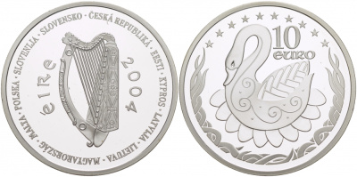 Ирландия 10 евро 2004 лебедь, президенство в Евросоюзе KM 42 серебро PROOF 11-178-43