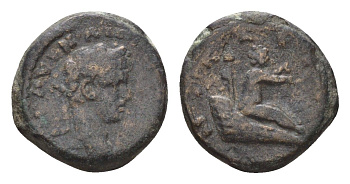 Римская Империя, Провинция Вифиния-Понт, Никея АЕ 211-217 Каракалла, бюст императора/сидящий в корзине Дионис-ребенок RPC II 79604 медь 1100-1-71