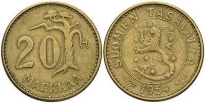 Финляндия 20 марок 1954 KM 39 алюминиевая бронза 4150-957