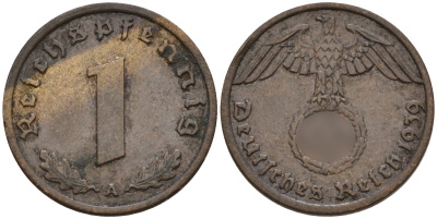 Германия 1 рейхспфенниг 1939 A KM 89, J. 361 бронза 4147-1161